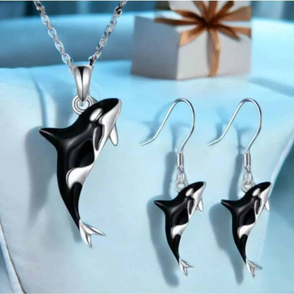 Orca Whale Jewelry Set Necklace Earrings Shamu Sea World Ocean Sea Life Jewelry